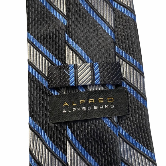 Alfred Sung Woven Silk Thick Long Neck Tie Black Gray Blue Stripes Necktie OS - Picture 3 of 13